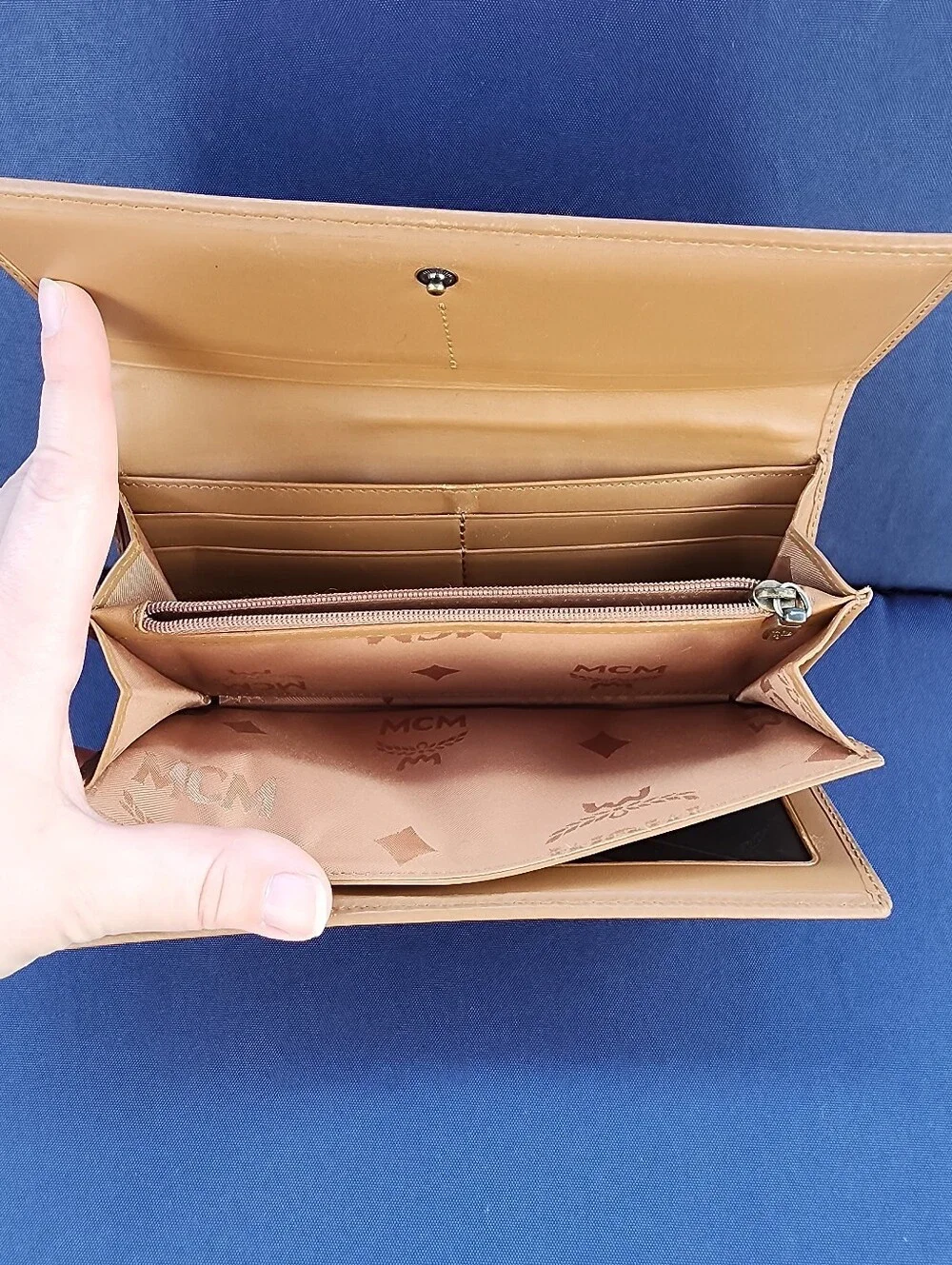 MCM Cognac Visetos Continental Wallet with Brown Center Stripe